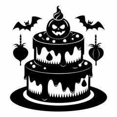Halloween pumpkin cake with candles,Halloween cake black vector silhouette,Happy Halloween day