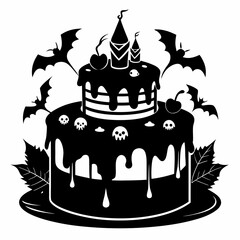 Halloween pumpkin cake with candles,Halloween cake black vector silhouette,Happy Halloween day