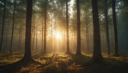 Fototapeta premium A golden dawn illuminates a misty forest