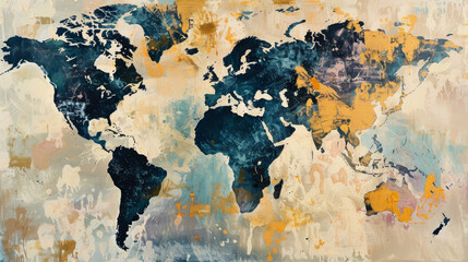 A beautifully chaotic, abstract world map featuring dark blues and gold against a textured, multicolored background.