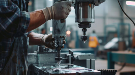 A meticulous machinist works diligently at a metal milling machine, focusing on the precision and craftsmanship of the task at hand.