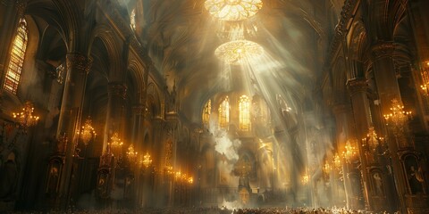 Fototapeta premium Somber Hymn Singing in Historic Church Interior, generative ai