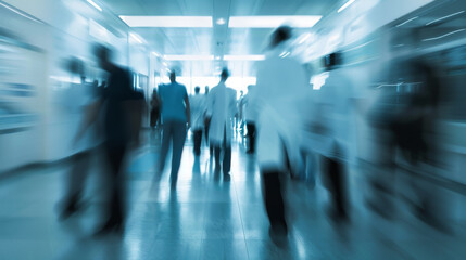 Blurred motion captures the hurried pace of medical professionals in a hospital corridor, highlighting the urgency and constant movement within a healthcare setting.