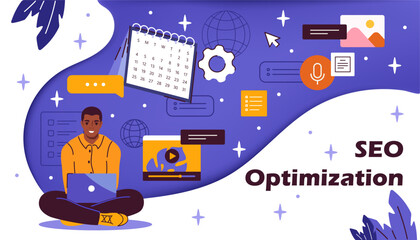 Obraz premium SEO optimization concept. Man with laptop sits near calendar with. Promotion of websites and pages on Internet. Content creator. Landing webpage design. Flat vector illustration