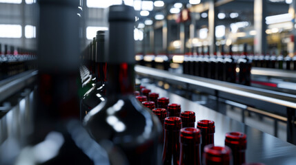Rows of wine bottles in a modern, industrial bottling plant, capturing the meticulous process of manufacturing and automation.