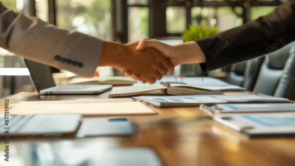 Aufkleber close-up of a business handshake across a conference table with documents and laptops. concept of pa