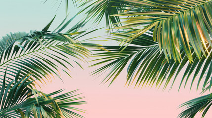 Lush palm leaves against a minimalist, pastel background create a serene, tropical vibe with a modern touch.