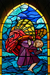 Fototapeta premium Scene from the Bible: Jonah emerges from the bowels of the big fish (whale). Scène de la bible : Jonas sort des entrailles du gros poisson (de la baleine). 