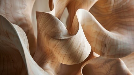 Close-up of a smooth wooden sculpture with flowing, organic shapes