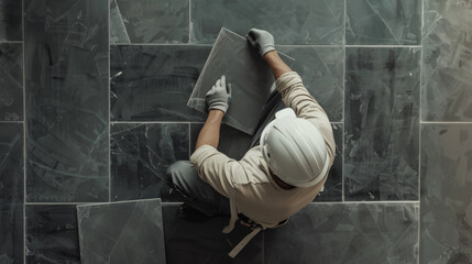 Overhead view of a worker, wearing gloves and a hard hat, methodically placing large tiles on a dark, patterned floor.