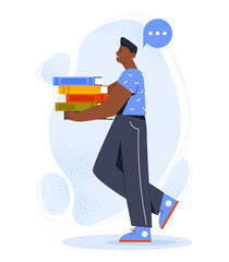 Student with books. Man carries stack of textbooks in hands. Education and training, learning. Bookworm young guy with fiction. Love for literature and reading. Cartoon vector illustration
