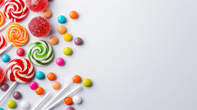A vibrant assortment of colorful candies and lollipops on a white background. The image features red, green, and orange swirled lollipops, sugar-coated gummy candies