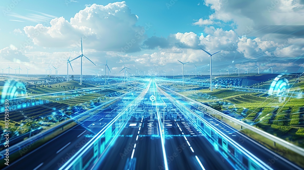 Poster Futuristic highway through a green field with wind turbines and digital information graphics
