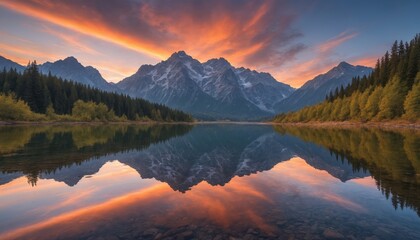 Serene mountain reflections at sunset over a tranquil lake