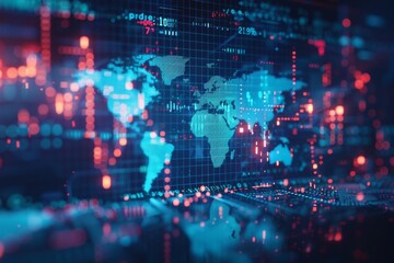 Obraz premium abstract colorful gloing futuristic virtual map background, hologram of candlesticks from the cryptocurrency market