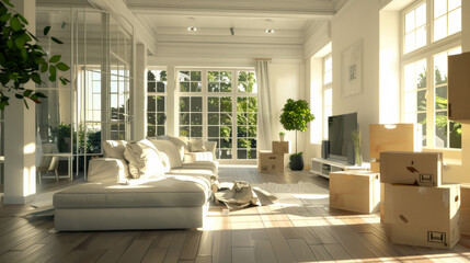 A sunlit living room filled with moving boxes, white furniture, and large windows, suggesting a recent move-in.