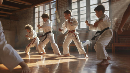 Children in a dojo practicing karate, captured mid-movement with determination and focus, highlighting discipline and physical fitness.