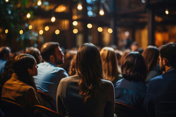 Naklejka premium A group of people are sitting in a dark room, watching a presentation