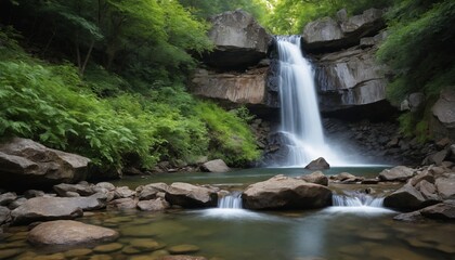 Fototapeta premium A cascading waterfall surrounded by lush greenery in a tranquil forest