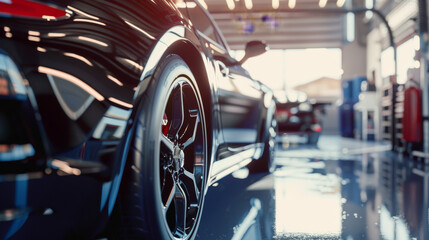 Fototapeta premium A detailed shot of the rear side of a modern luxury car in a well-lit showroom, highlighting its polished and aerodynamic design.