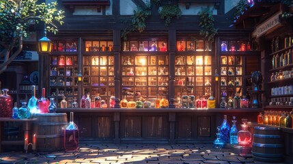 A nighttime view of a fantasy potion shop, featuring shelves of glass bottles filled with colorful liquids, a wooden counter, and cobblestone streets.