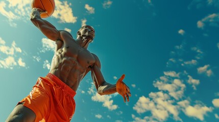African american basketball player leaping to make a one handed shot into the basket