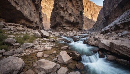 A river flows through the canyon walls at sunset