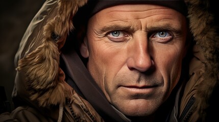 Intense close up portrait of a middle aged man showing focused and attentive expression