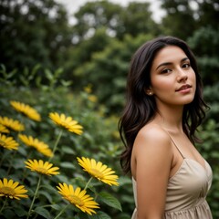 Naklejka premium A woman standing in a field of yellow flowers, looking away from the camera. She has long dark hair and is wearing a sleeveless dress.