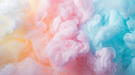 Fototapeta premium Whimsical swirls of pastel pink, yellow, and blue blend together in a dreamy, abstract pattern resembling fluffy clouds or cotton candy in a soft, ethereal display.