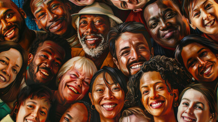 A vibrant mural featuring a multitude of diverse faces smiling warmly, celebrating unity and community within a rich tapestry of colors and expressions.