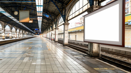 An empty train station platform stands silently under the arched roof, the light streaming through the windows and an awaiting billboard creating a sense of anticipation.