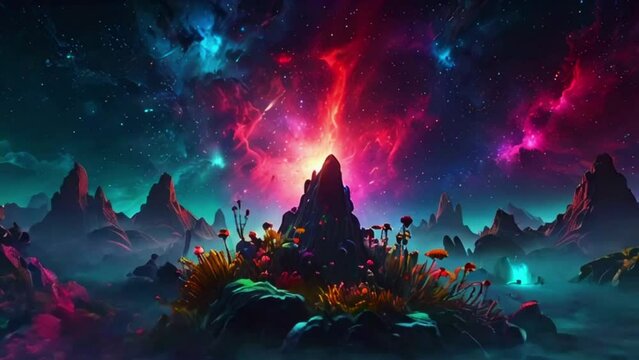 A garden of cosmic flowers and plants growing within a nebula. The colors are vibrant and ever-changing, with plants that seem to be made of stardust and energy, 4K High-Quality wallpaper animation