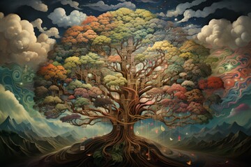 Fantastical illustration of a grand tree representing the four seasons amidst a surreal landscape