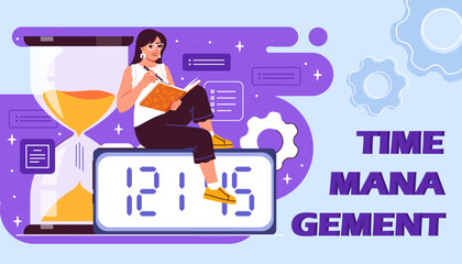 Time management woman. Young girl sitting near hourglass. Hardworking entrepreneur and employee. Organizing efficient workflow and planning. Flat vector illustration isolated on blue background