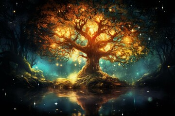 Magical scene of a glowing tree in a mystical forest at twilight with a reflective water body