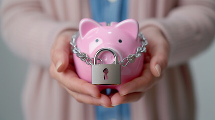 woman holding pink piggy bank with a chain and padlock around it, restriction and pressure of debt