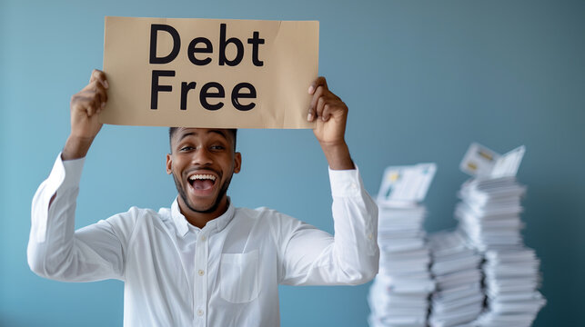 smiling man in white shirt holding a large sign  Debt Free , credit card statements financial