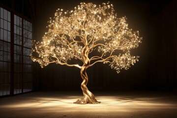 Majestic artificial tree adorned with glowing lights, set in a serene room with large windows