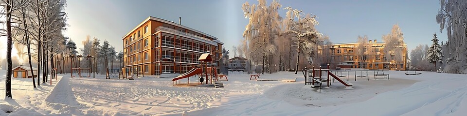 A panoramic view of a school building during winter, with a snow-covered playground in the foreground. The building stands tall against a backdrop of snow-covered trees and a clear, crisp sky.