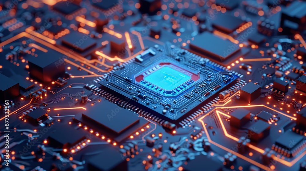 Poster Glowing Microchip on a Circuit Board with Intricate Electronic Pathways