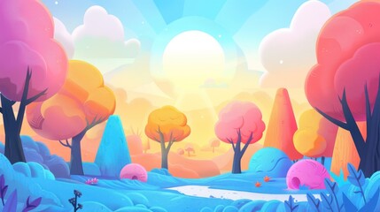 Dreamy Forest Landscape with Colorful Trees and Sun