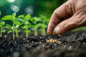 Hand Planting Seeds in Fertile Soil with Young Seedlings in the Background