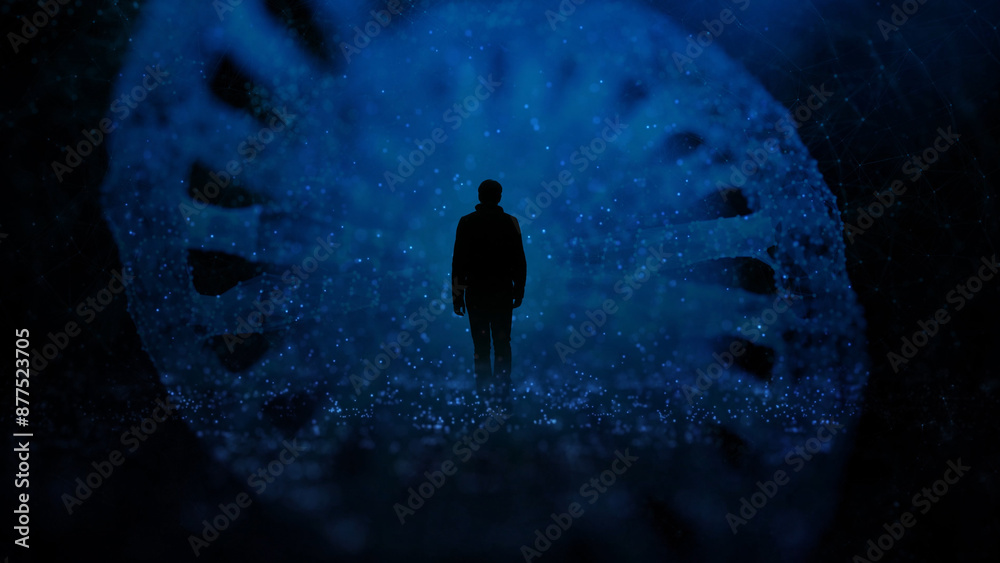 Canvas Prints abstract digital dna chain molecule with a silhouette of a standing man.