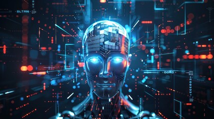 Artificial Intelligence Face Embedded in Digital Network