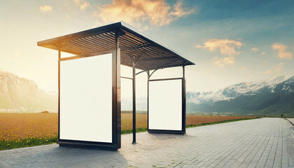 White bus stop billboard poster in a station with cars in moving in the background, Front view, mockup concept blank poster, city traffic