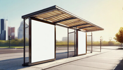 White bus stop billboard poster in a station with cars in moving in the background, Front view, mockup concept blank poster, city traffic
