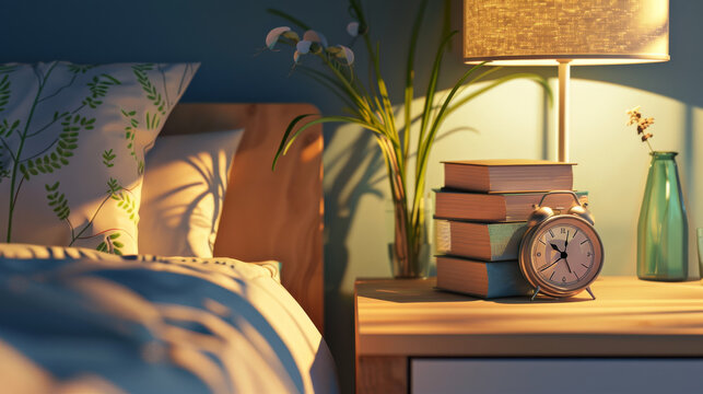 Cozy side table scene with a stack of books, a vintage alarm clock, a lit lamp, and plant décor, casting warm, ambient light in a tranquil bedroom.