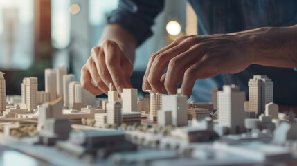 Hands delicately adjusting a miniature building model, highlighting the precision and creativity involved in urban planning and design.