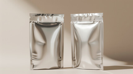 Minimalist shot of two silver stand-up pouches against a neutral background, reflecting light subtly.